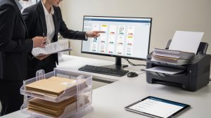Two professionals in business attire review documents at a desk with a monitor showing thumbnails.