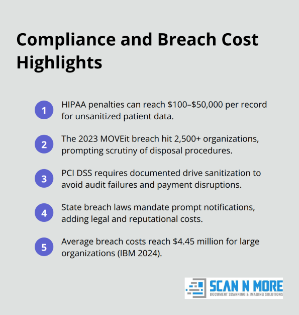 Compact list of key compliance requirements and breach cost figures.