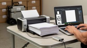 Desk with sheet-fed scanner printing stacked papers, connected to a laptop displaying design software.
