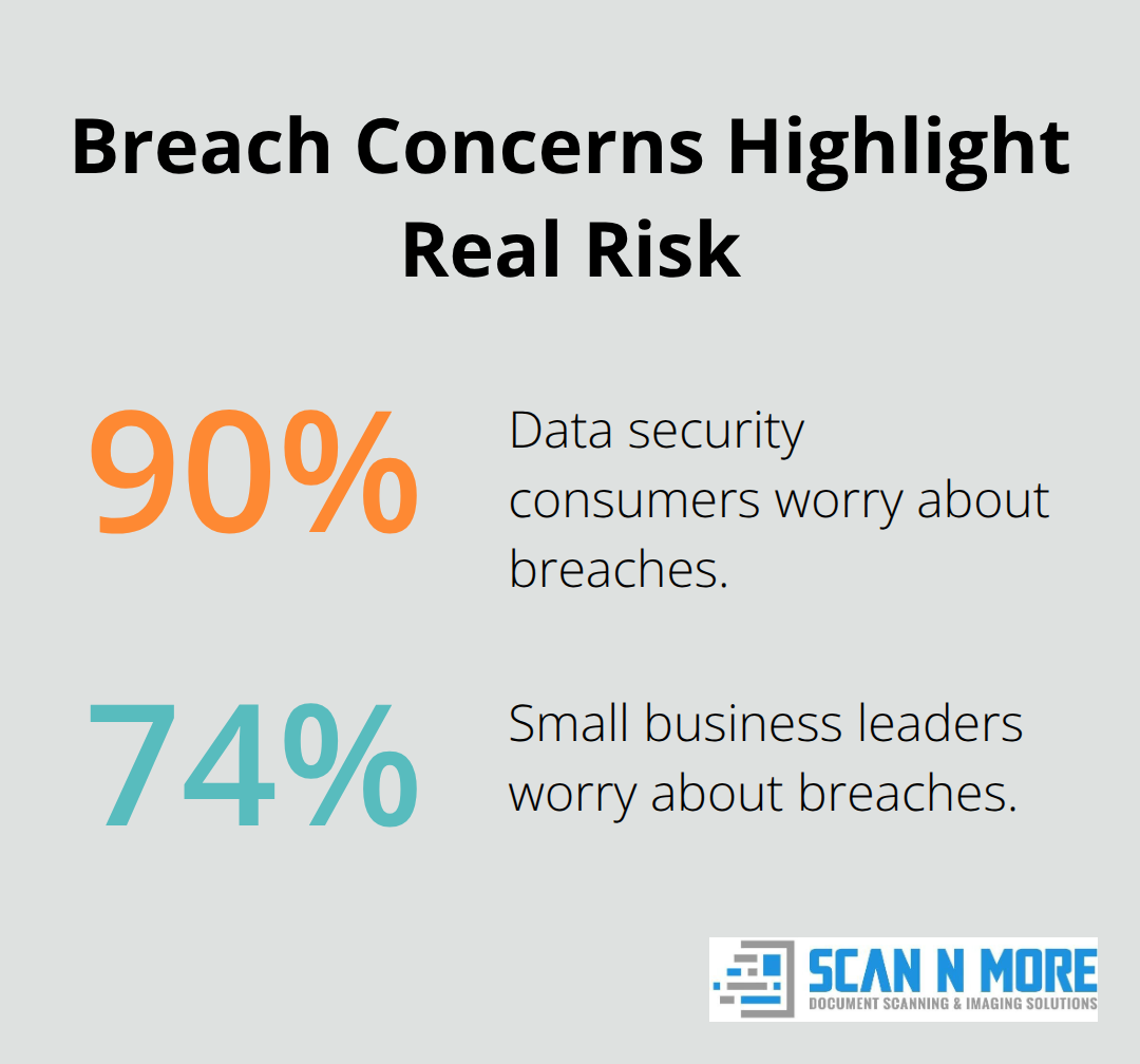 Chart showing 90% of data security consumers and 74% of small business leaders worry about breaches in the United States. - destroy a hard drive before disposal