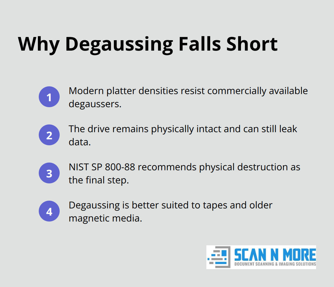 Compact list of reasons degaussing is unreliable for modern hard drives in the U.S. - destroy a hard drive before disposal