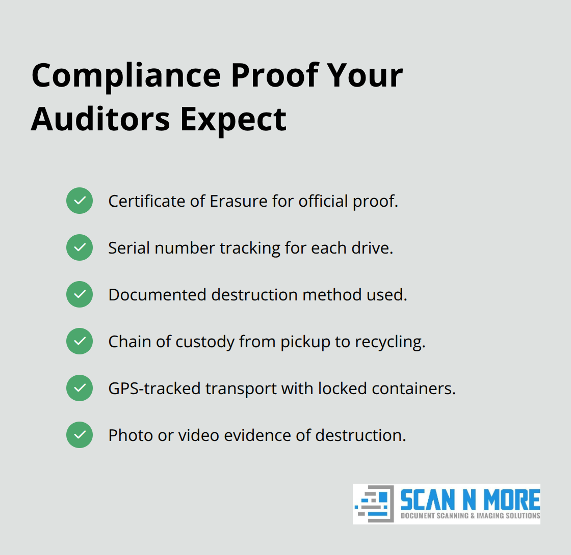 Checklist of documentation elements provided by professional hard drive destruction services in the U.S.