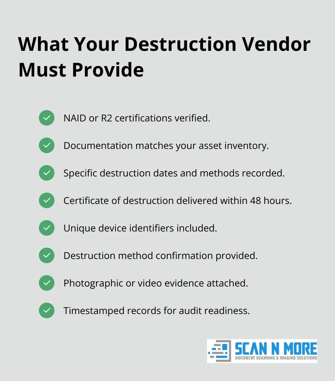 Checklist of certification and documentation requirements for secure media destruction