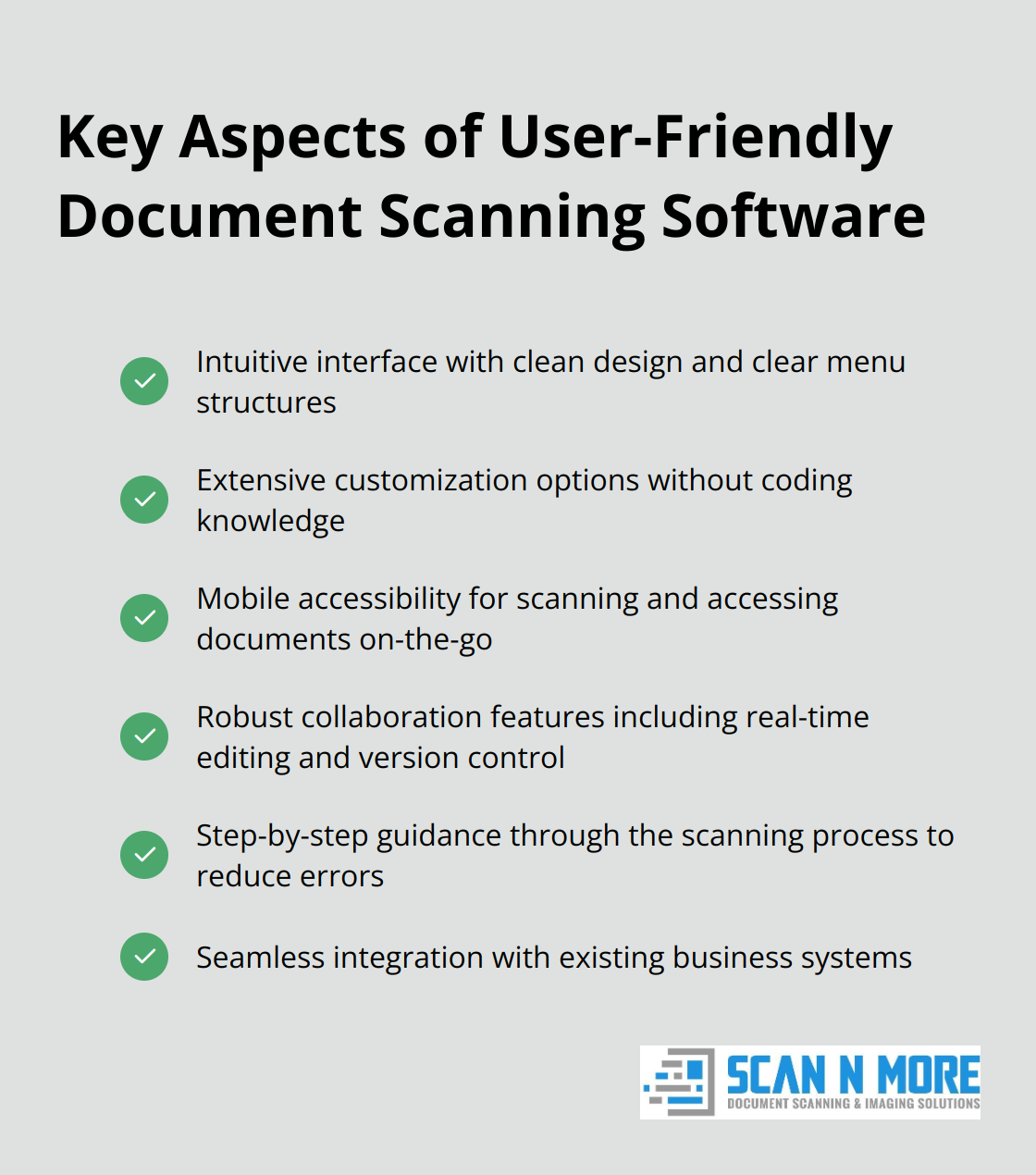 A checkmark list chart showing six key aspects of user-friendly document scanning and storage software, including intuitive interface, customization options, mobile access, collaboration features, step-by-step guidance, and seamless integration.