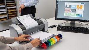 Person feeding printed documents into a color-coded tray beside a printer and computer monitor.