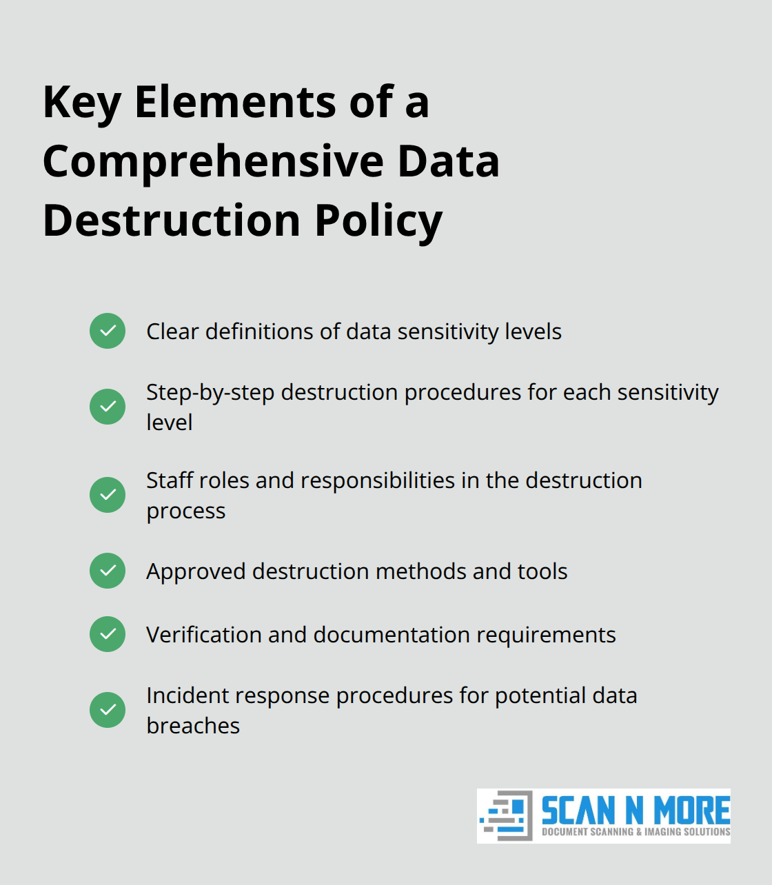 Checkmark list showing key elements to include in a comprehensive data destruction policy