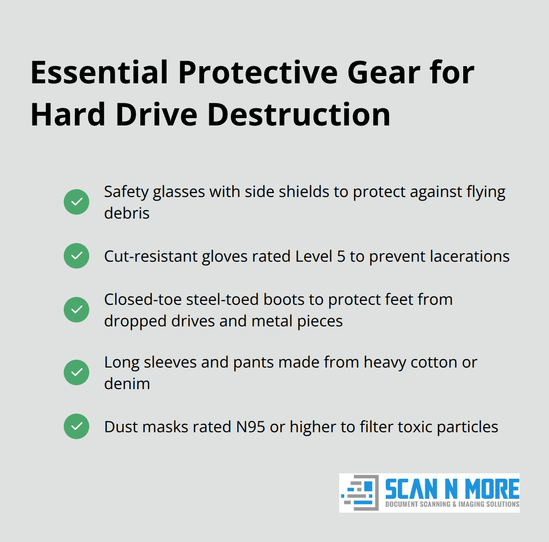 Checklist of essential protective gear for safe hard drive destruction, including safety glasses, cut-resistant gloves, steel-toed boots, protective clothing, and dust masks.
