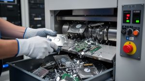 Person wearing gloves loading a hard drive into a shredder, metal shards and PC boards scattered.