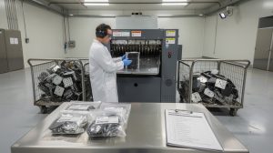 Lab technician in white coat and gloves operates a shredder, sorting metal parts in a clean facility.