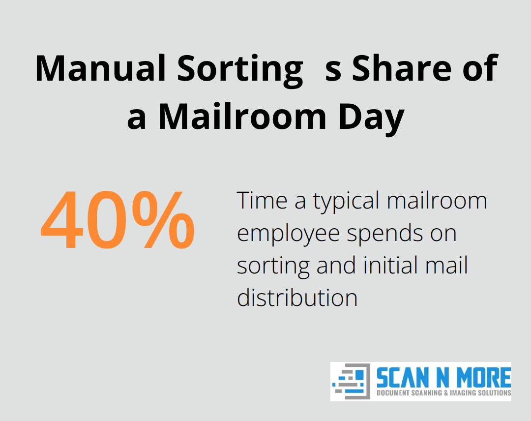 Share of time a typical mailroom employee spends on sorting and initial distribution
