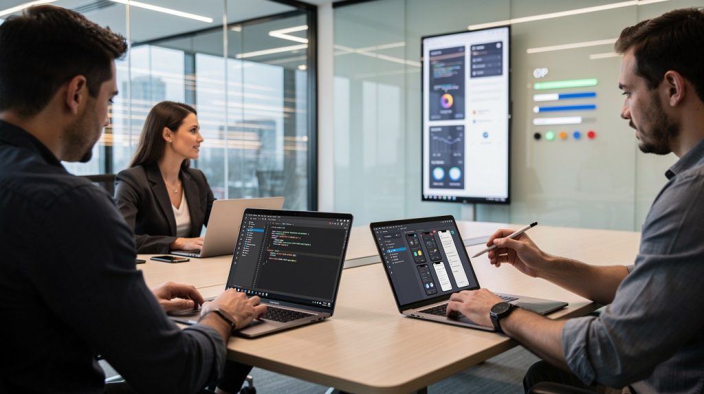 Four people in a modern office sit around a conference table with laptops and a tablet, discussing a project.