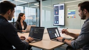 Four people in a modern office sit around a conference table with laptops and a tablet, discussing a project.