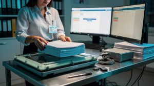Office worker scans documents at a desk with dual monitors and stacked papers.