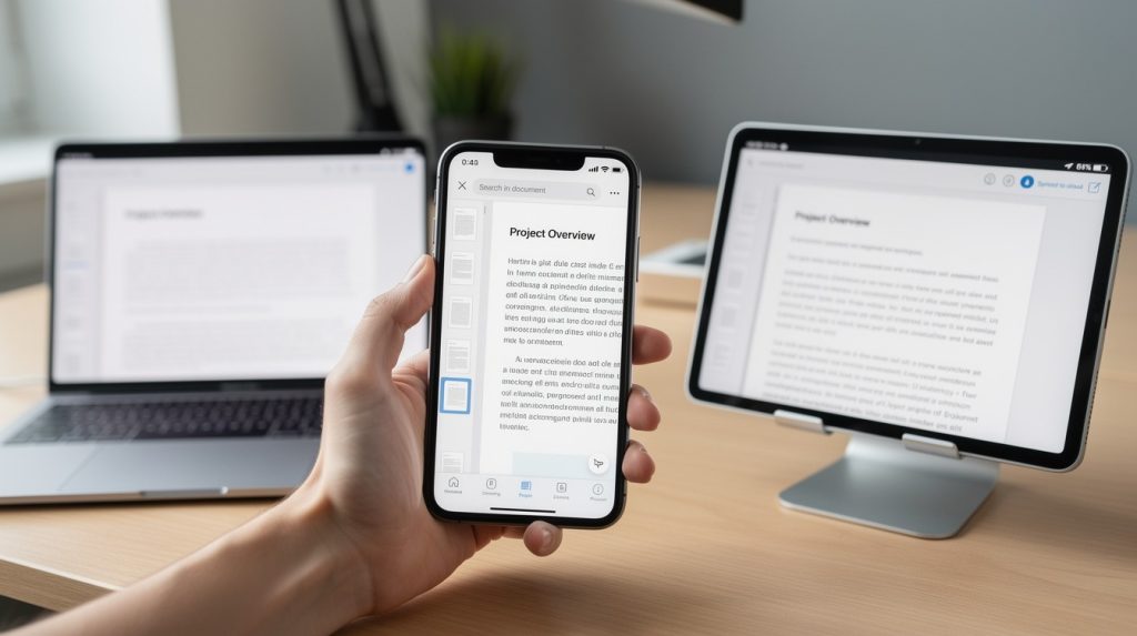 Person holding smartphone displaying a document; two laptops on desk in background.