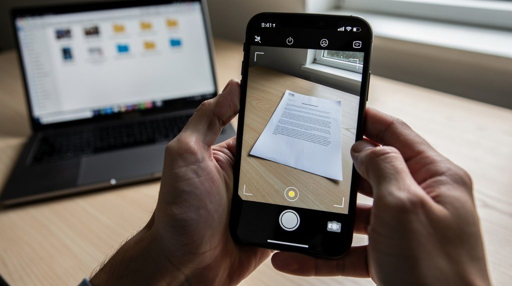 Person holds smartphone photographing a printed document on a wooden desk with a laptop in background