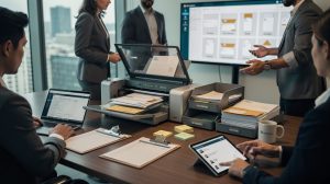 Team of professionals in a conference room reviewing documents and presenting with screens and printer on a large table.