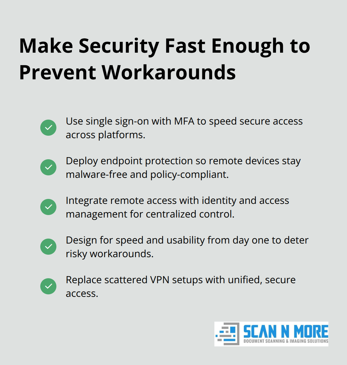 Checklist of usability-focused security steps like SSO with MFA, endpoint protection, and IAM integration. - remote access to documents