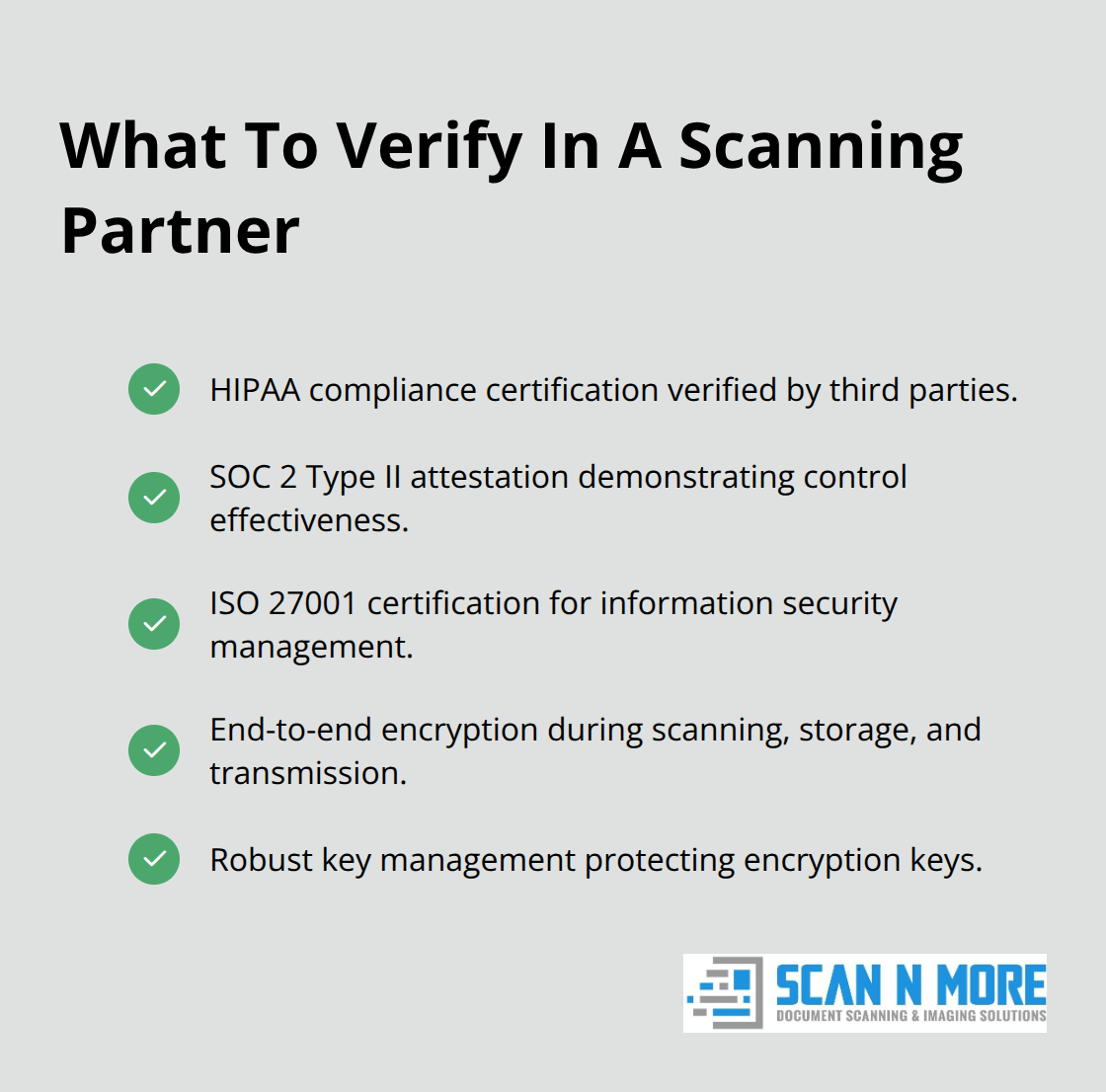 Checklist of certifications and security practices to verify when selecting a healthcare scanning partner.