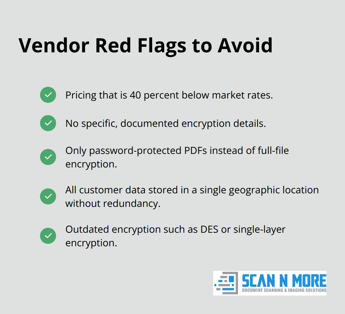 Checklist of warning signs when evaluating U.S. document scanning vendors.