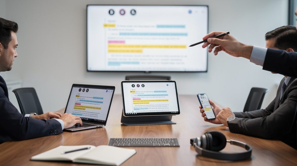 Team in a meeting room viewing a highlighted document on multiple devices (laptops, tablet, phone) with a large screen.