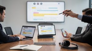 Team in a meeting room viewing a highlighted document on multiple devices (laptops, tablet, phone) with a large screen.